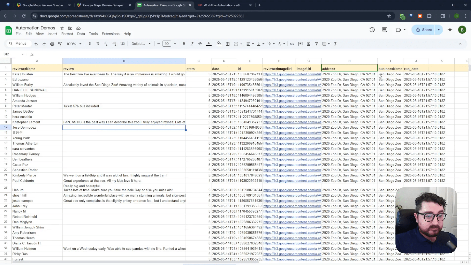 Google reviews data organized in a spreadsheet