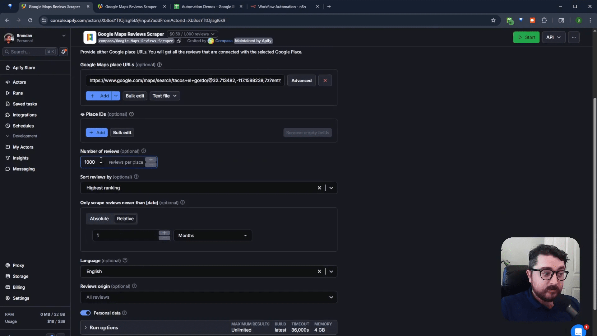 Apify Google review scraper input form with URL and filters