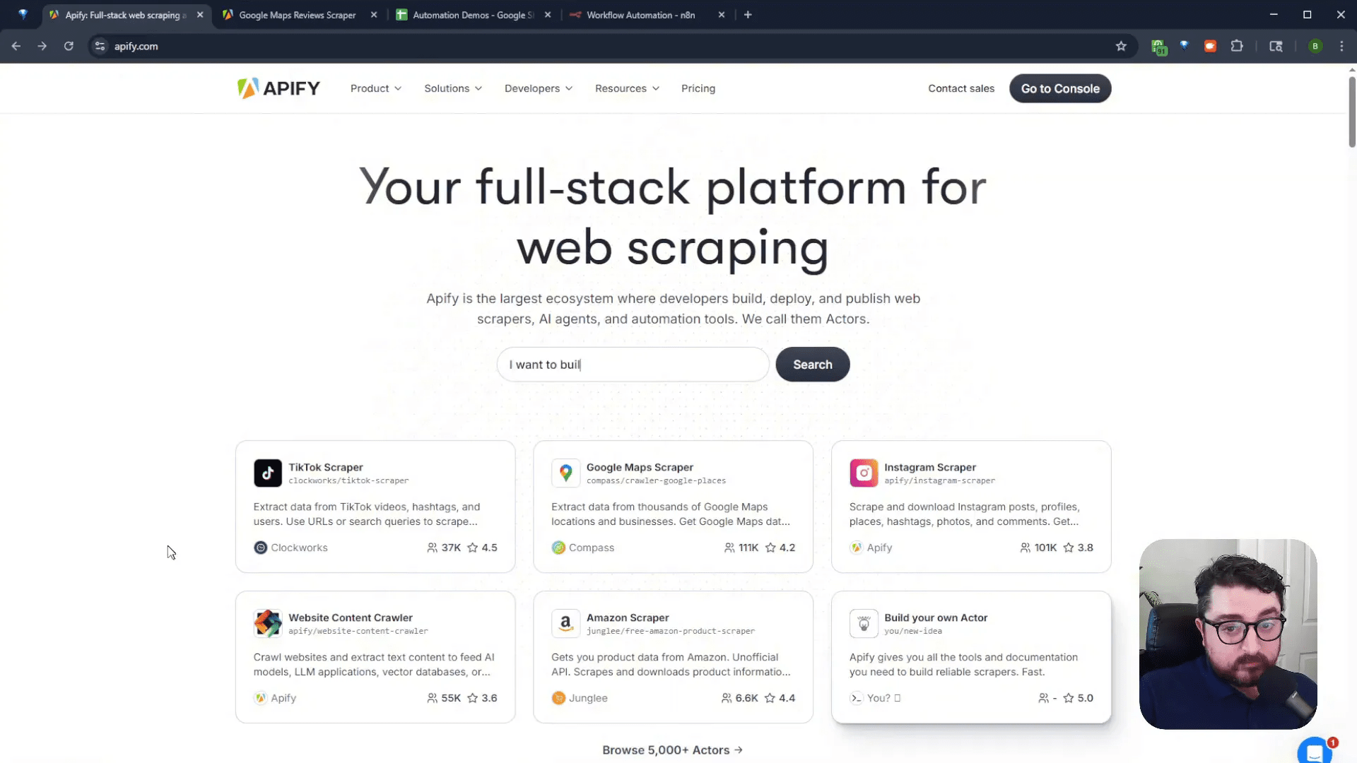 Apify platform overview showing various scraping actors