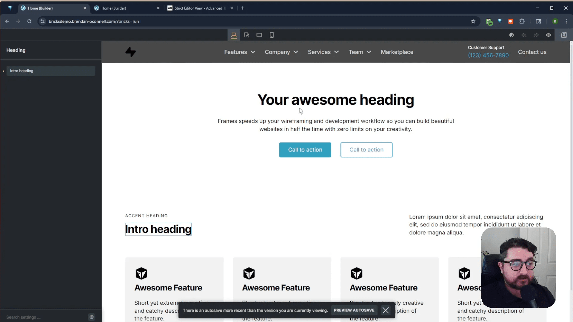Example of limited editing capabilities for a heading element