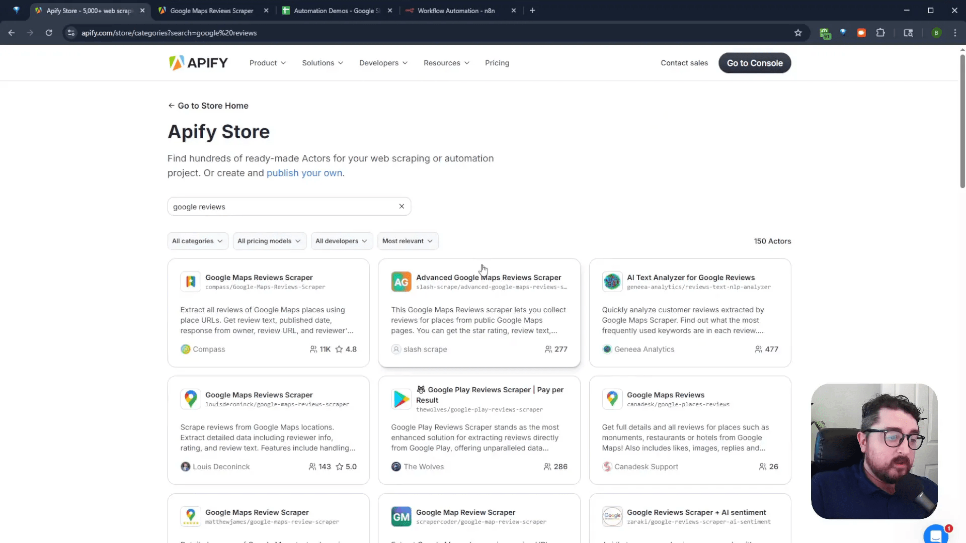 Apify search results for Google reviews scrapers