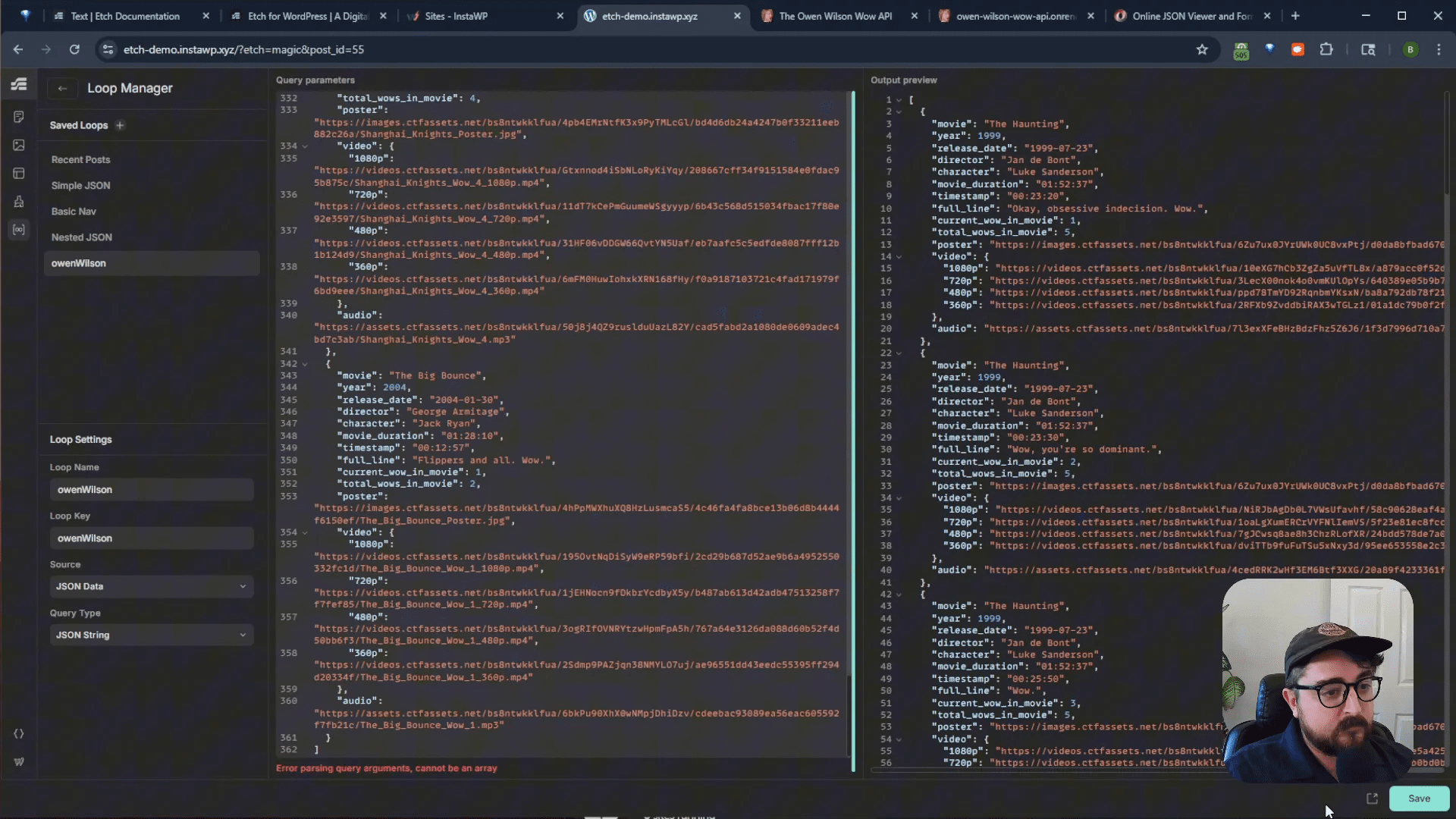 Etch Loop Manager showing JSON data pasted and loop saved