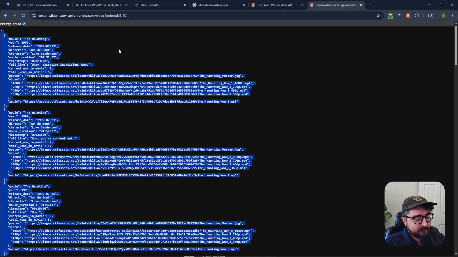 Owen Wilson WOW API JSON data with multiple results shown in pretty print