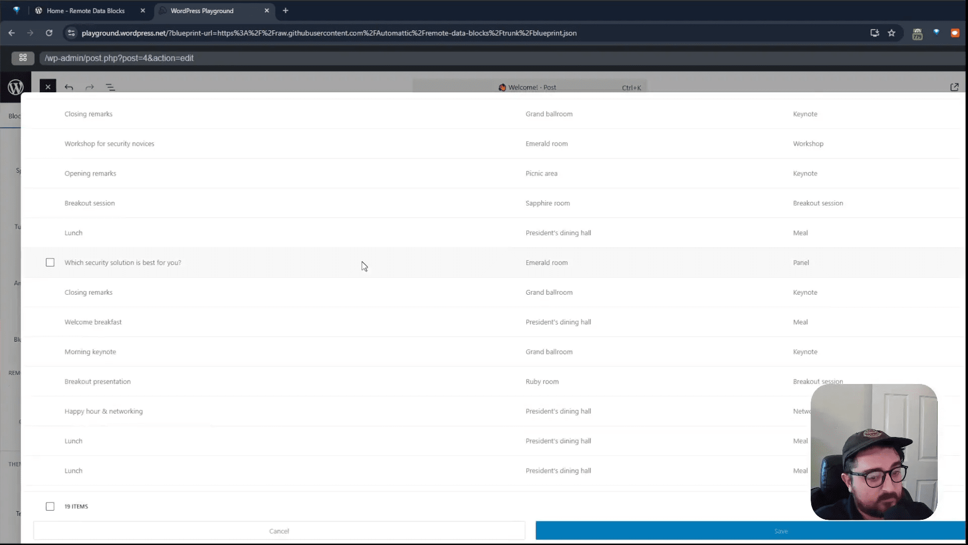 Adding a custom 'conference event' Remote DataBlock and selecting items from the API